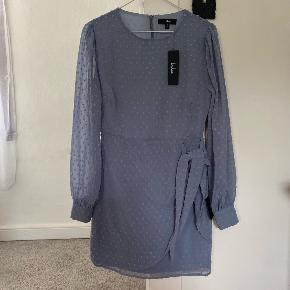 Lulu’s Much Love Light Blue Swiss Dot Long Sleeve Tie-Front Mini Dress. Size: S